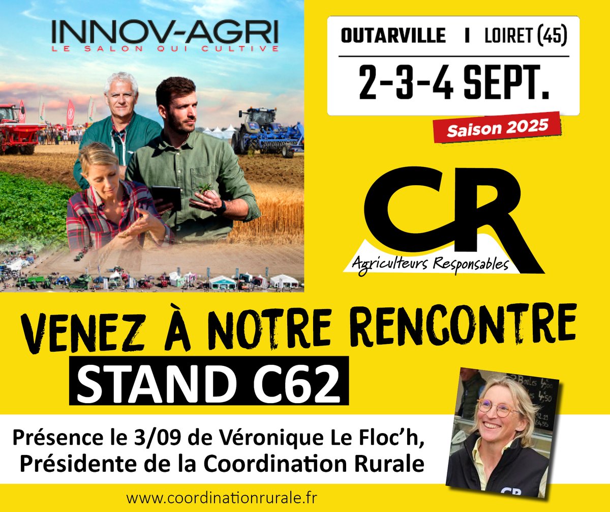coordinationrur's tweet photo. La rentrée c’est #InnovAgri ! 🤩 Rendez-vous du 2 au 4 septembre à #Outarville (45)
L’occasion de rencontrer l’équipe de la #CR45, de la #CoordinationRurale nationale ainsi que la présidente Véronique Le Floc’h 🤝
Retrouvons-nous au stand C65 pour débattre autour de différents sujets : PAC, intrants, transmission, installation…
Venez-nous partager vos revendications et découvrir les nôtres, pour une agriculture juste et rémunératrice ! 💪
🔎 Pour en savoir plus : https://t.co/5X1QrkVY8v
#AgricultureFrançaise #Loiret