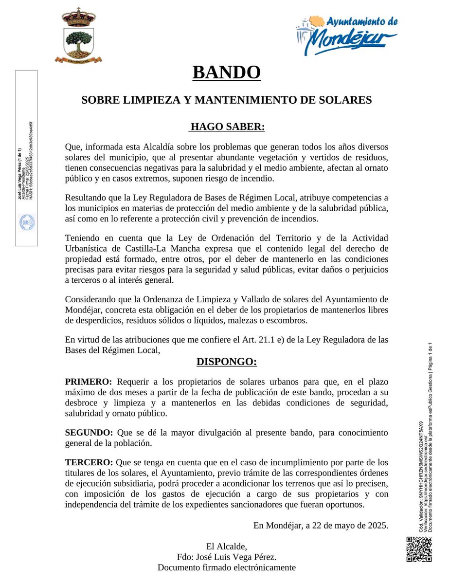 👉RECORDATORIO‼️ Limpiemos los solares 🪓🏞🚜 para evitar los 🔥 incendios en #Mondéjar.