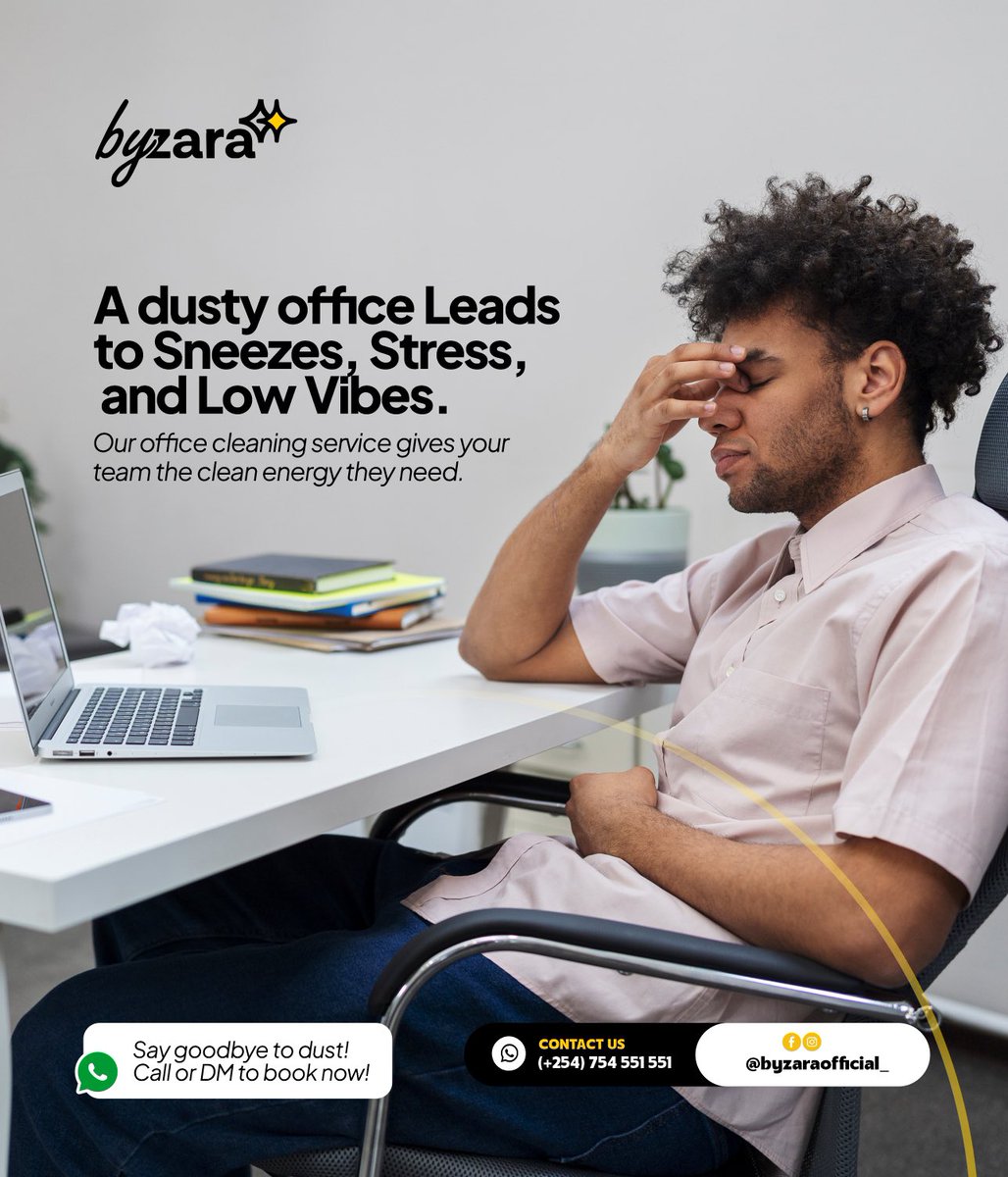 ByZaraOfficial's tweet image. Dust equals stress, sneezes &amp;amp; low vibes. 😷
ByZara keeps your office spotless so your team stays healthy &amp;amp; productive and can truly thrive. 

📩 DM @byzaraofficial_ |  Call us at (+254) 754 551551

#ByZaraCare #CleanWorkspaces #KenyaCleaning