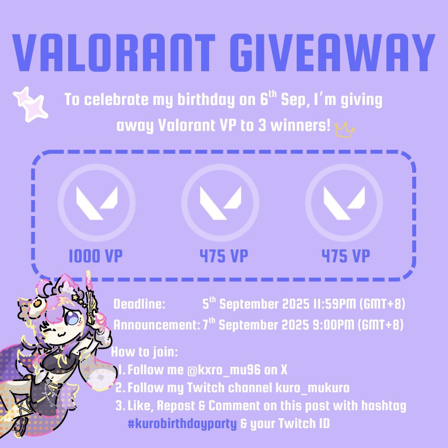 ✨ BIRTHDAY GIVEAWAY ✨ 

Halo my birthday is in 2 weeks &amp; guess what? YOU got the presents 🎁

I’m giving away 3 Valorant VP to celebrate!

Follow the rules &amp; you might be the lucky star 🌟 
Winner announced on 7/9! 

ps: Please read the T&amp;C in comment.

#kurobirthdayparty