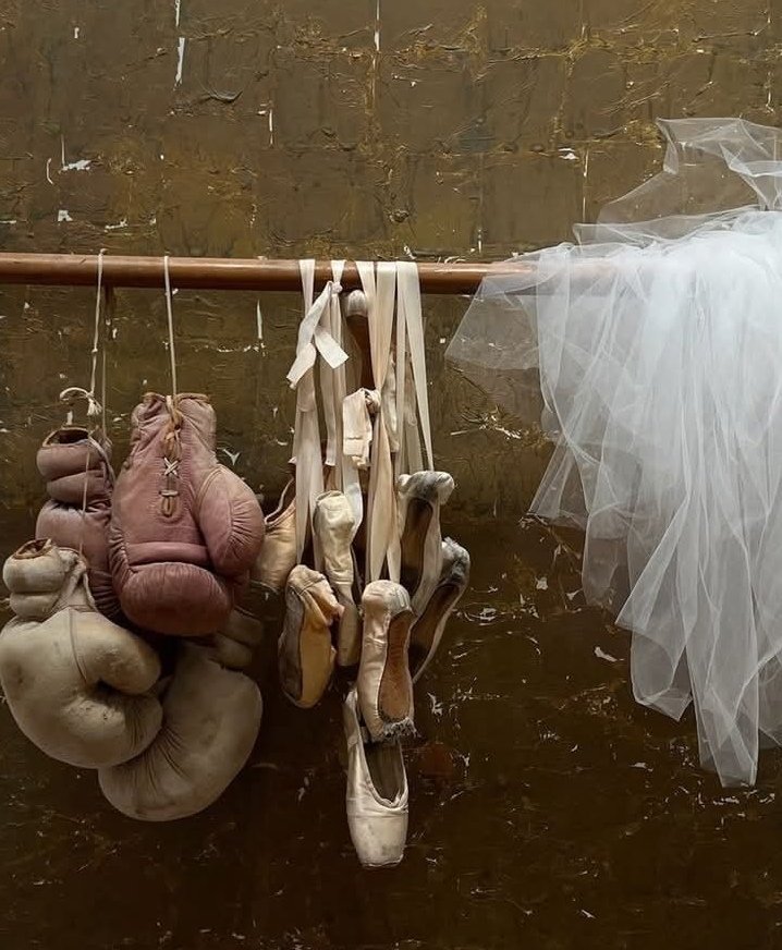 Gants de boxe usés, chaussons de ballet abimés et tutu en tulle blanc, suspendus.
Contraste entre robustesse et légèreté.
Dualité de la vie..... réflexion sur le passage du temps...
Quoiqu'il en soit, une  mise en scène poétique....
