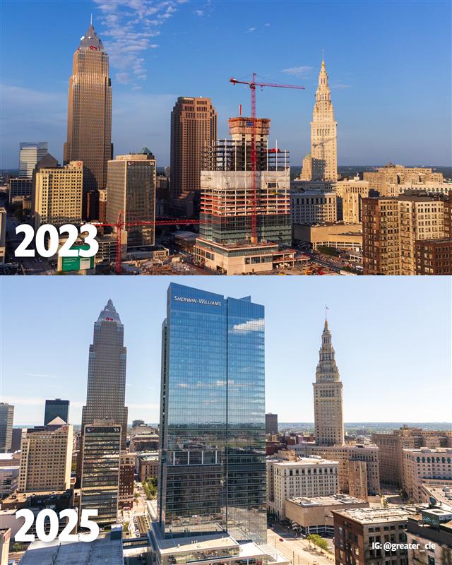 Cleveland then and now. 🏙️

Between 2023 and 2025, the Sherwin-Williams HQ rose 36 stories over Public Square, replacing surface parking with a tower soon to house over 3,100 employees in Downtown Cleveland.

#GreaterCLE #AllIn <a href="/DowntownCLE/">Downtown Cleveland</a> <a href="/TheCLE/">Destination Cleveland</a> <a href="/SherwinWilliams/">Sherwin-Williams</a>