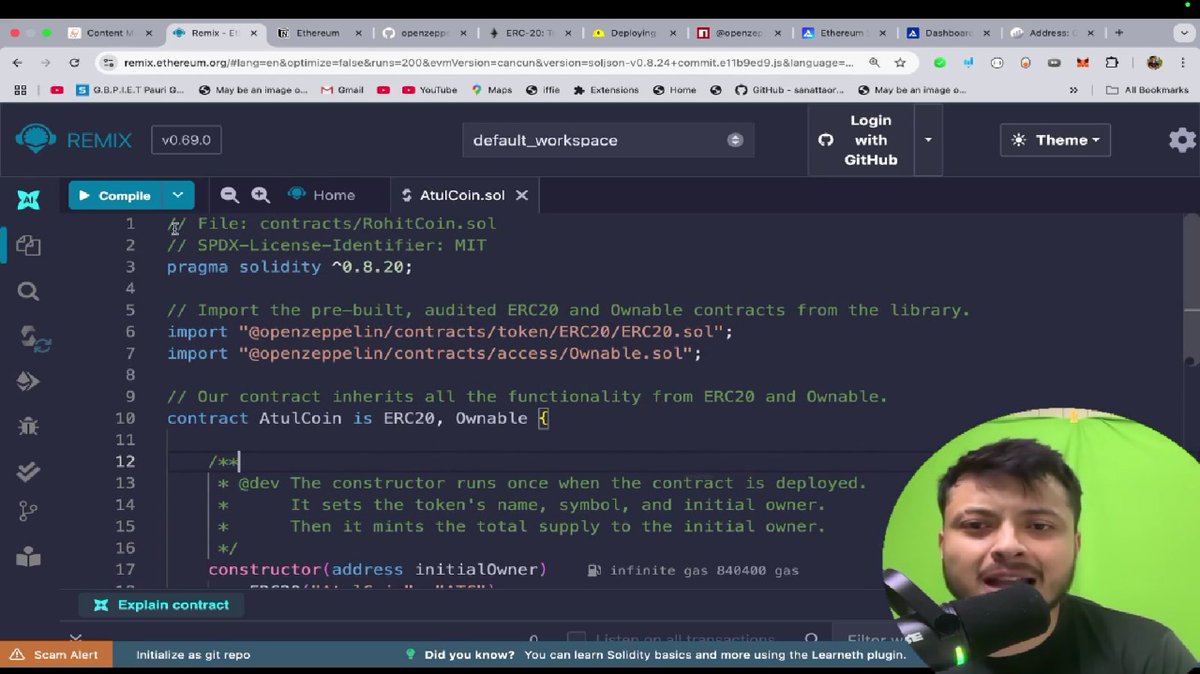 AnchalGupta009's tweet photo. Day 19 of learning #Blockchain 🚀
(Been learning for a while, but starting to share from today 📌)
🔹 Deployed ERC20 on Remix
🔹 Explored OpenZeppelin
🔹 Learned constructor & ownership
With @rohit_negi9 bhaiya (Nexus Batch)
#Web3 #Solidity #NexusBatch https://t.co/WHJj2p0RN6