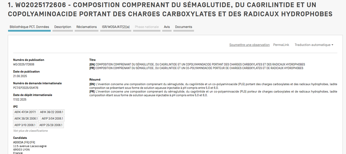 MediumTrade's tweet image. #trading #adocia 🚨  brevet clé en date 21/08 (WO2025/172606) pour une formulation injectable combinée #Sémaglutide + #Cagrilintide 💉

➡️ Cible #obésité, #diabète, #NASH, #Alzheimer
➡️ Alternative à CagriSema (Novo Nordisk) ? 👀 patentscope.wipo.int/search/en/deta…