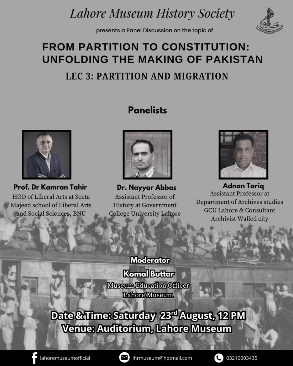 Lahore Museum (@lahoremuseum) on Twitter photo Lahore Museum History Society invites you to the third lecture of the series From Partition to Constitution: Unfolding the Making of Pakistan.
<a href="/CS_Punjab/">Chief Secretary Punjab</a> <a href="/GovtofPunjabPK/">Government of Punjab</a> <a href="/Marriyum_A/">Marriyum Aurangzeb</a> <a href="/DgprPunjab/">DGPR Punjab</a> <a href="/OPCPunjab/">Punjab Overseas Pakistanis Commission</a> Lahore Museum History Society invites you to the third lecture of the series From Partition to Constitution: Unfolding the Making of Pakistan.
<a href="/CS_Punjab/">Chief Secretary Punjab</a> <a href="/GovtofPunjabPK/">Government of Punjab</a> <a href="/Marriyum_A/">Marriyum Aurangzeb</a> <a href="/DgprPunjab/">DGPR Punjab</a> <a href="/OPCPunjab/">Punjab Overseas Pakistanis Commission</a>