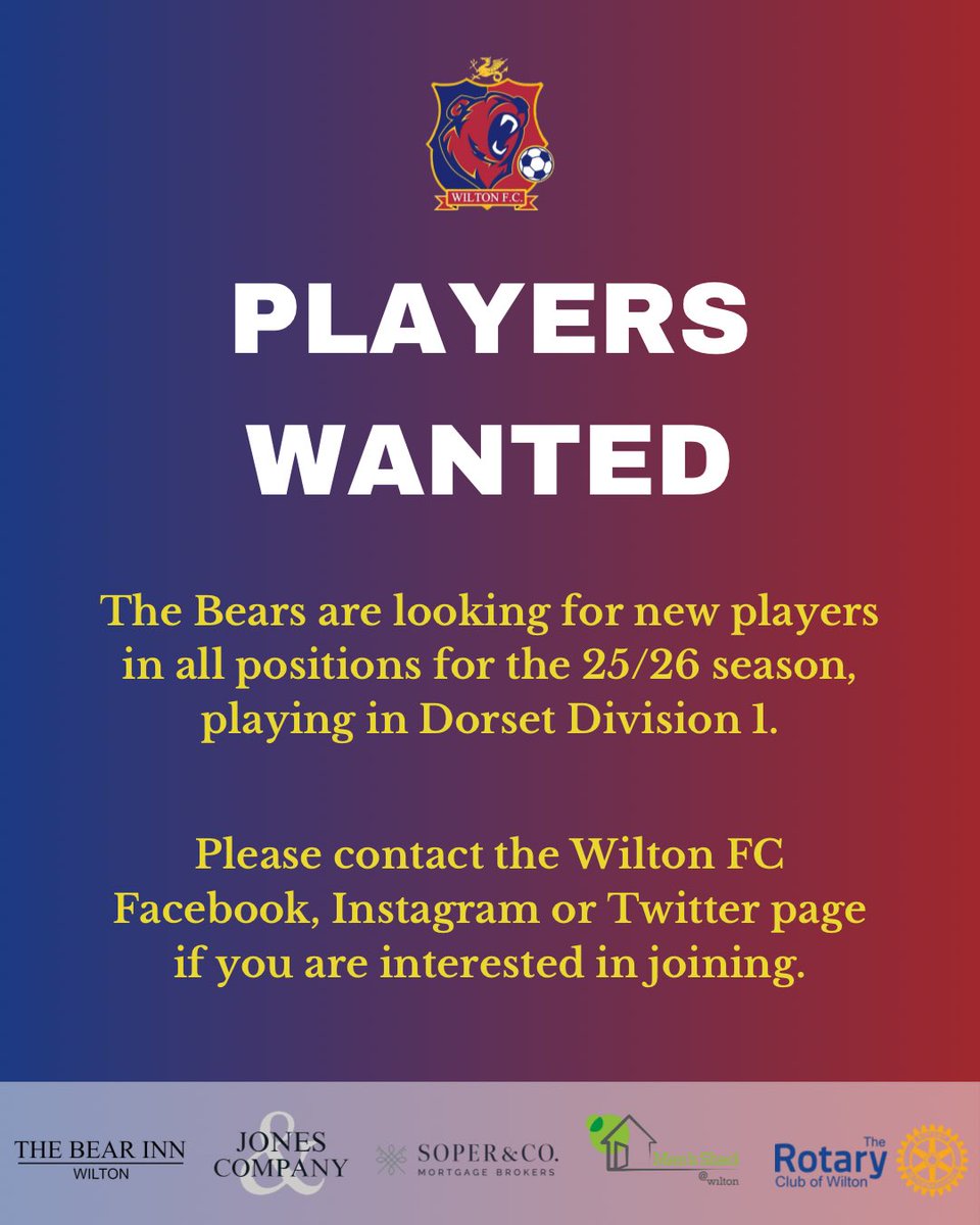 fc_wilton's tweet image. If you are interested in joining Wilton for the upcoming season, feel free to get in touch.

We’re looking for players in all positions to join us in our first season in Dorset Division 1.

Contact us on any social media platform 🐻