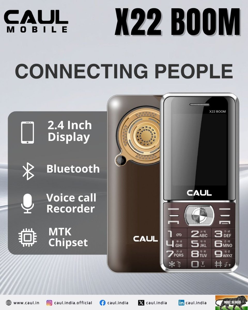 CaulIndia's tweet image. Caul X22 Boom — Power in Every Detail.
2.4" display and MTK chipset for seamless connectivity and reliable performance in a sleek, compact design.

📞 For inquiries, contact us: +91-9990330058

#CaulMobile #StayConnected #FeaturePhone