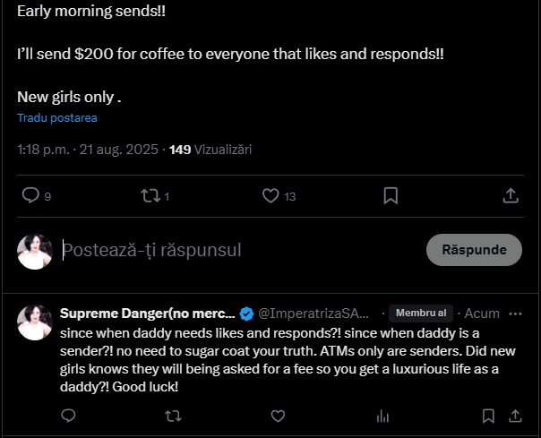 ImperatrizaSADO's tweet image. #paybacktime legit answers:
- "Early morning sends!!  I’ll send $200 for coffee to everyone that likes and responds!!  New girls only ."

- "since when daddy needs likes and responds?! since when daddy is a sender?! no need to sugar coat your truth. ATMs only are senders. Did new