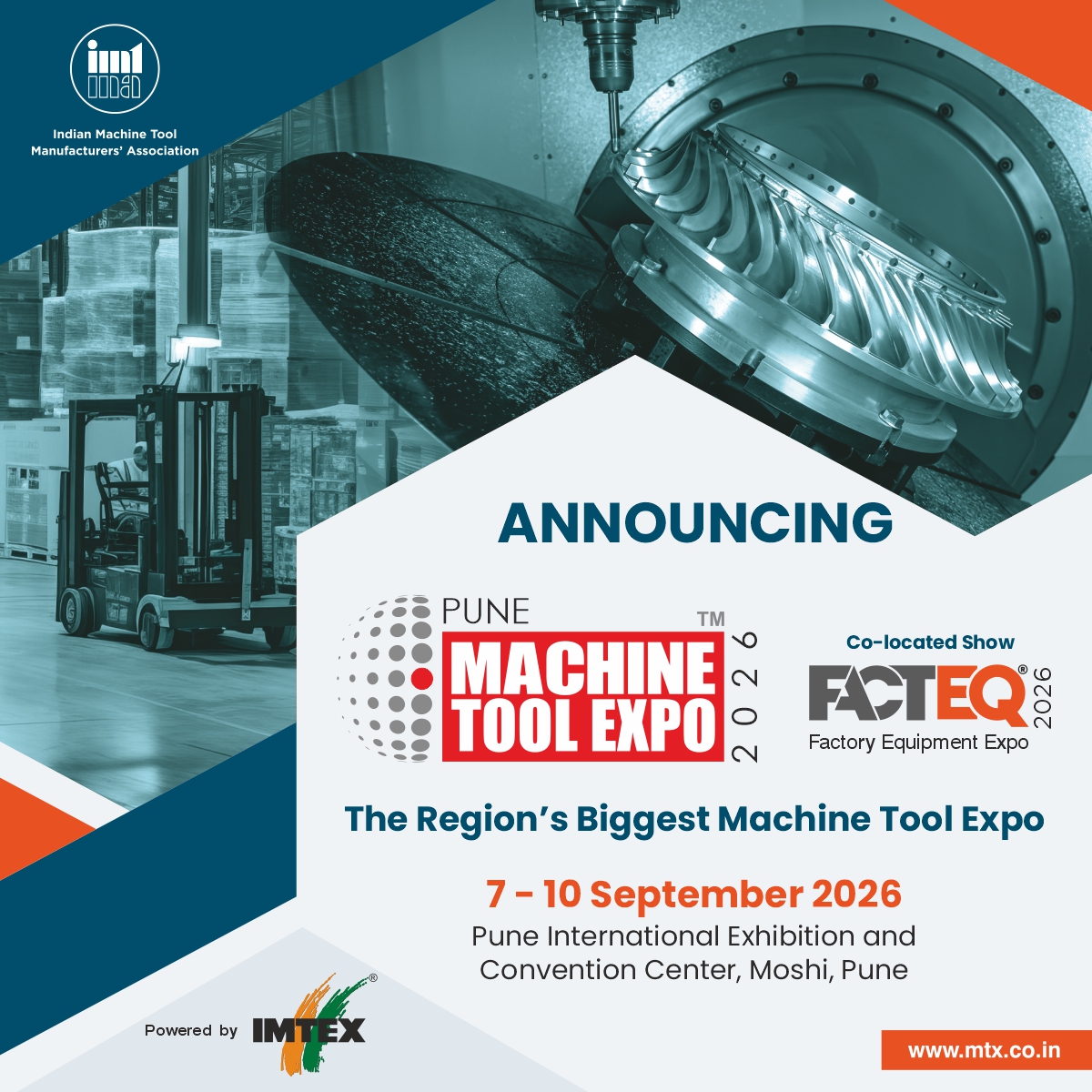 Machinetoolexpo's tweet photo. Pune Machine Tool Expo 2026 is here!
📅 7–10 Sept | 📍Pune Int’l Exhibition &amp; Convention Centre, Moshi
Showcasing #metalcutting, #metalforming, #automation &amp; more.
Meet buyers from #automotive, #aerospace, #defence &amp; more!
🔗 https://t.co/Ki2IJdmgYv

#PMTX2026 #Pune #MakeInIndia https://t.co/IuzAD2f2Rq