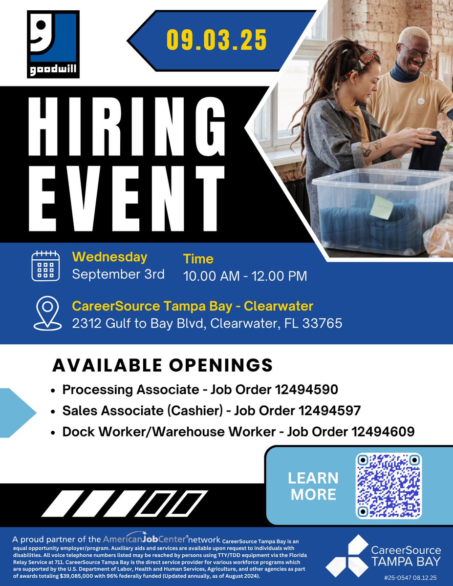 Looking for a new career opportunity? Join us for this Hiring Event and explore great positions with Goodwill!

Date: Wednesday, September 3rd, 2025
Time: 10:00 AM – 12:00 PM
Location: CareerSource Tampa Bay – Clearwater

Learn More &amp; Apply Today: careersourcetampabay.com/events/goodwil…