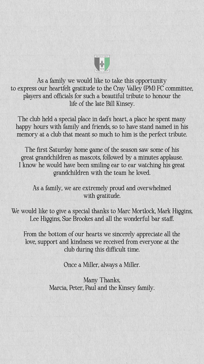 CrayValleyPM's tweet photo. 🙏 𝘼 𝙧𝙚𝙢𝙞𝙣𝙙𝙚𝙧 𝙤𝙛 𝙬𝙝𝙮 𝙬𝙚 𝙙𝙤 𝙞𝙩.

After we commemorated the life of loyal supporter Bill Kinsey on the opening day of the season, we were handed a letter and video from his family. A thank you from the Kinsey family. 💚

#OnceAMillerAlwaysAMiller #WeAreSE9 🟢⚫️ https://t.co/hmD1OuNKT3