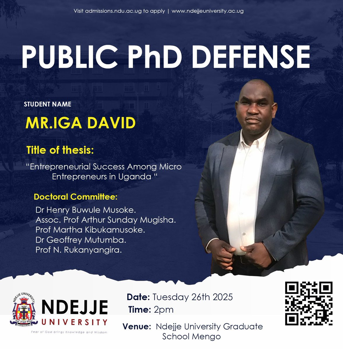 Ndejje University Graduate School is inviting you to a scheduled Zoom meeting.
Topic: PhD Viva Voce presentation for Mr. Iga David
Time: Aug 26th, 2025 02:00 PM Kampala
Join Zoom Meeting zoom.us/j/9315809342?p…