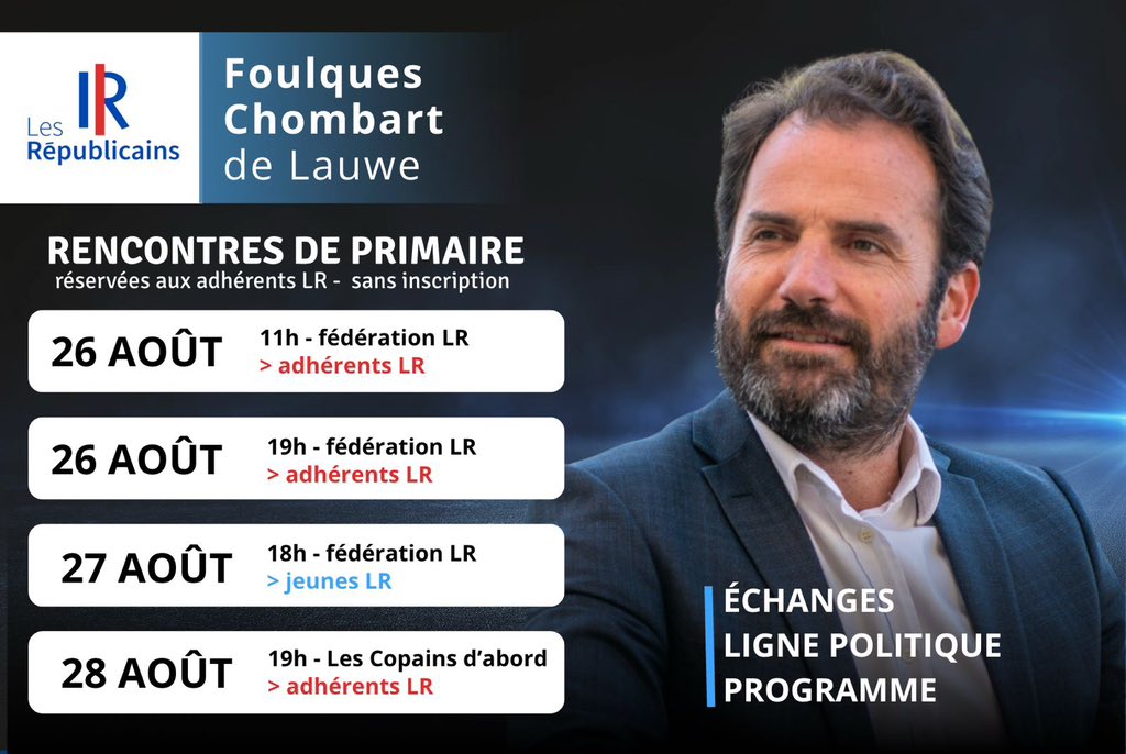 Pour les adhérents #LR nantais, voici le programme des rencontres que je vous propose la semaine prochaine pour échanger et éclairer votre choix pour la #primaire des 30 et 31/8. 
#nantes #Municipales2026 #foulques26 #lesrepublicains