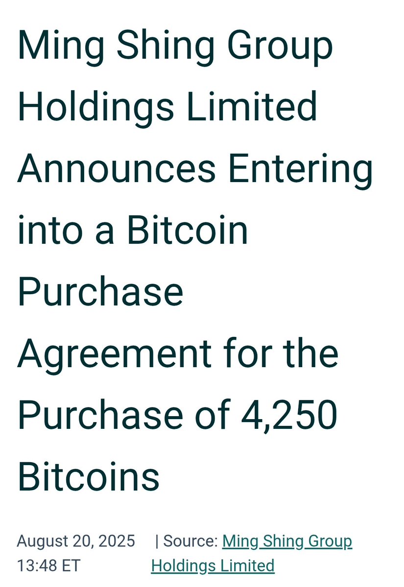 NEW: Hong Kong-based Ming Shing Group Holdings Limited announced a landmark  agreement to purchase 4,250 Bitcoin (BTC) for $483 million.