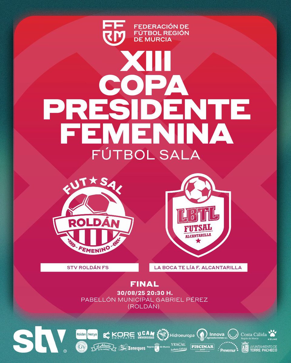 RoldanFSF's tweet photo. 🏆 La #CopaPresidenteFem se juega en Roldán.
🏟️ La XIIl edición de la Copa Presidente FFRM de fútbol sala femenina se disputará en el Gabriel Pérez.
⚔️Sábado 30 de agosto a las 20:30h entre STV Roldán FSF y @LBTLFutsal
🎟️ Entrada gratuita
🧡¡Vamos equipo!💪
#STVRoldan https://t.co/zP1BN9vj2j