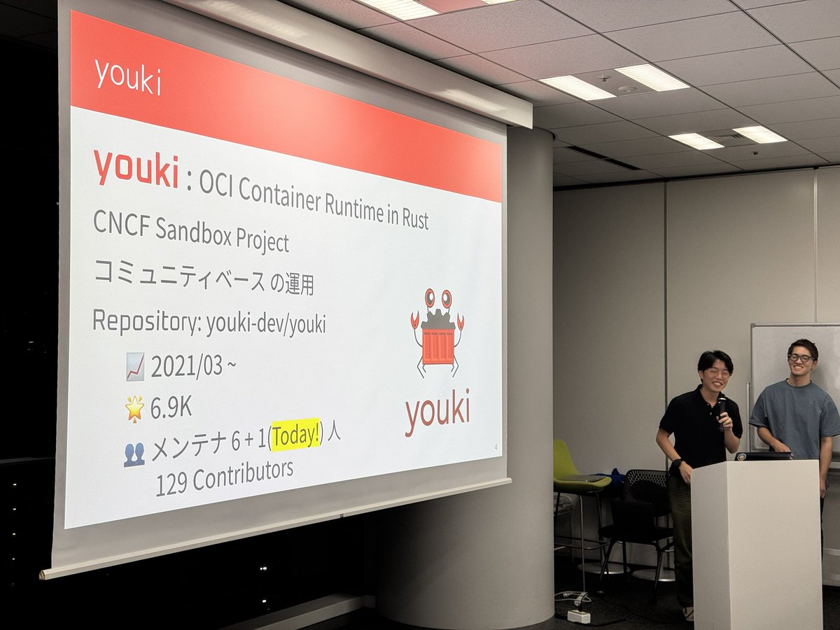 CloudNativeComm's tweet image. 続いてrust製コンテナランタイムのyoukiのご紹介! 作者の @utam0k さんはCNCJの運営もやっています #cTENcf #CNCF #CNCJ