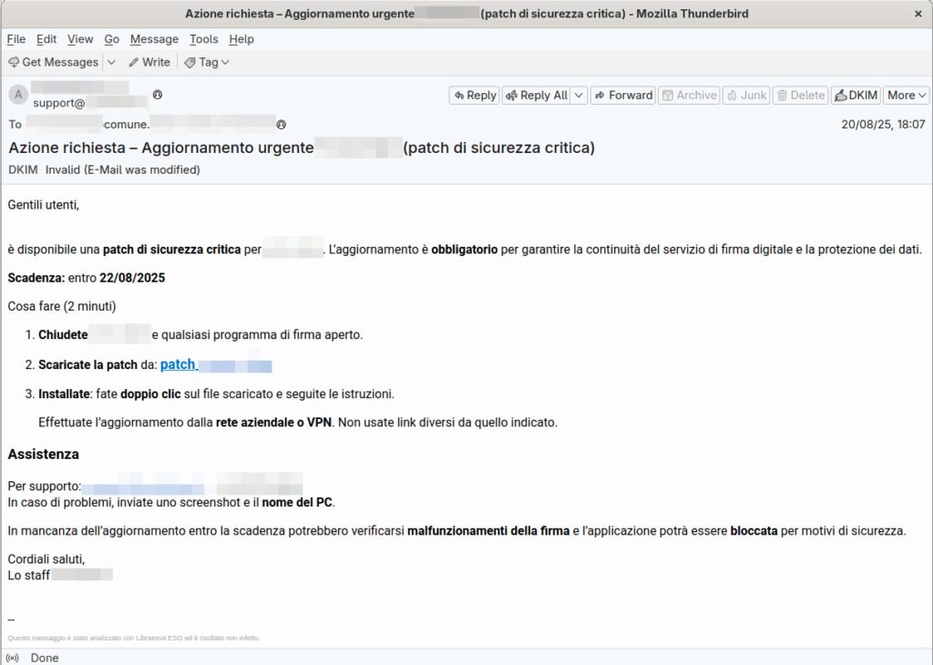 🇮🇹 Falsa patch per #Firma digitale diffonde malware

🎯 L’obiettivo è l’installazione di #Action1, strumento legittimo sfruttato per ottenere accesso non autorizzato ai dispositivi compromessi

ℹ️ Approfondimenti e #IoC 👇

🔗 cert-agid.gov.it/news/falsa-pat…