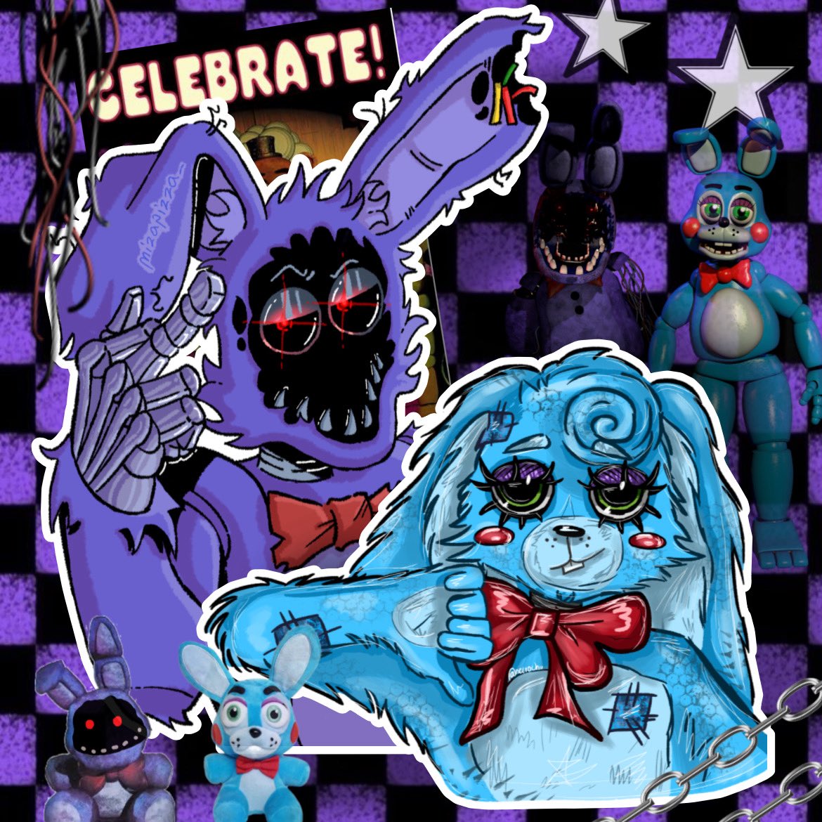 necrochu_'s tweet photo. WITHERED BONNIE AND TOY BONNIE!!! art collab with @_mizapizza_ !!! 

#ArtistOnX #digitalart #fnaf #fivenightsatfreeddys #fnaf2 #witheredBonnie #toybonnie #artcollab https://t.co/LNcwLp0PHs