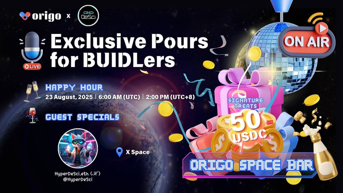 origo.fun (@origodotfun) on Twitter photo ๐ชฉ Welcome to the #OrigoSpaceBar ๐ชฉ
Not your regular Space Bar ๐
๐ฟ Title: Exclusive Pours for BUIDLers
๐ฅ Happy Hour: 23 August, 06:00 AM UTC
๐ฅ Signature Treats: 50 USDC
๐๏ธ Lounge: x.com/i/spaces/1OwxWโฆ
Guest Specials:
๐ท <a href="/HyperDeSci/">HyperDeSci.eth (โ)</a>
Secret menu unlocked - slide in, sip ๐ชฉ Welcome to the #OrigoSpaceBar ๐ชฉ
Not your regular Space Bar ๐
๐ฟ Title: Exclusive Pours for BUIDLers
๐ฅ Happy Hour: 23 August, 06:00 AM UTC
๐ฅ Signature Treats: 50 USDC
๐๏ธ Lounge: x.com/i/spaces/1OwxWโฆ
Guest Specials:
๐ท <a href="/HyperDeSci/">HyperDeSci.eth (โ)</a>
Secret menu unlocked - slide in, sip