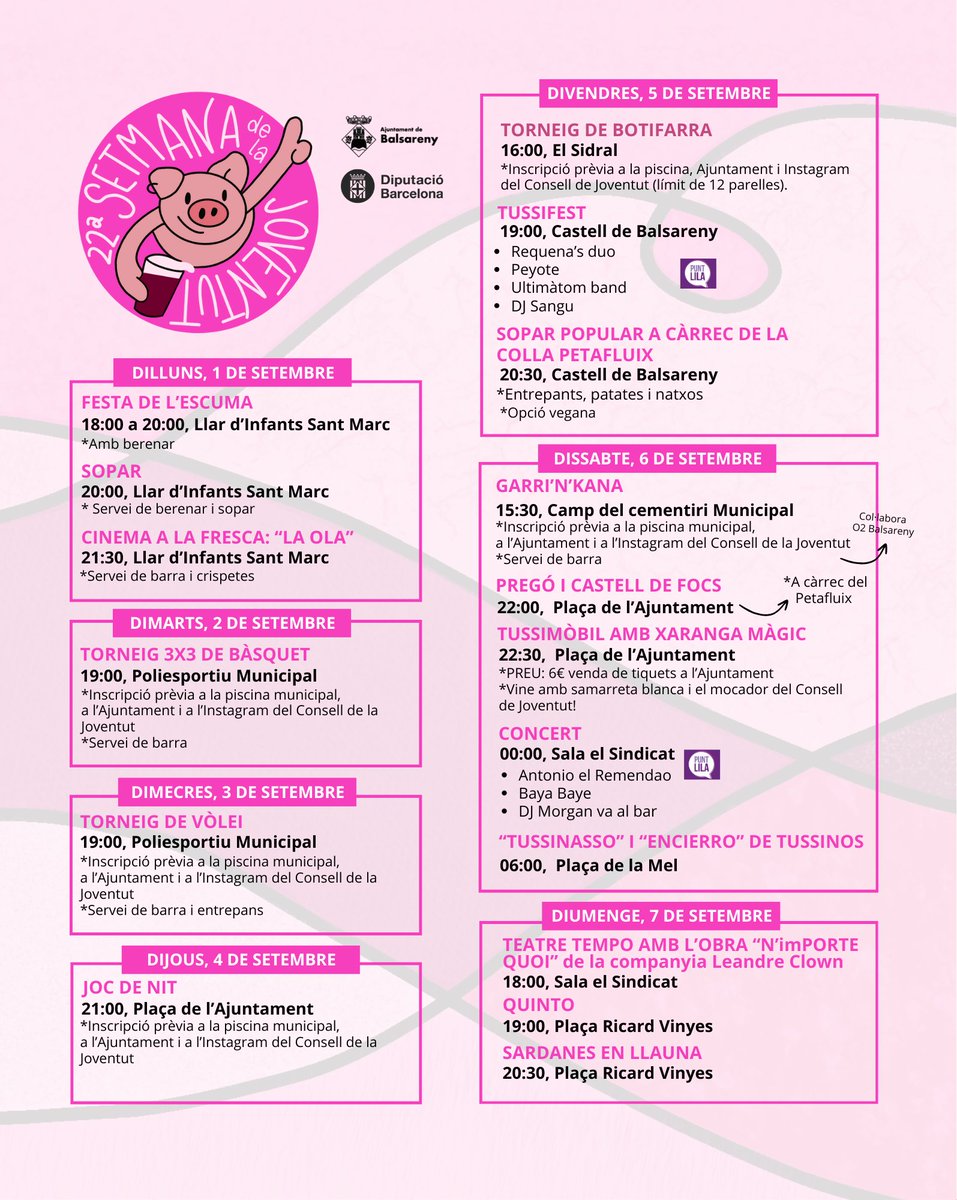 🐷Ara sí, ja la tenim aquí!

Us deixem tota la programació per la Setmana de la Joventut 2025.

No us ho perdeu, us hi esperem!