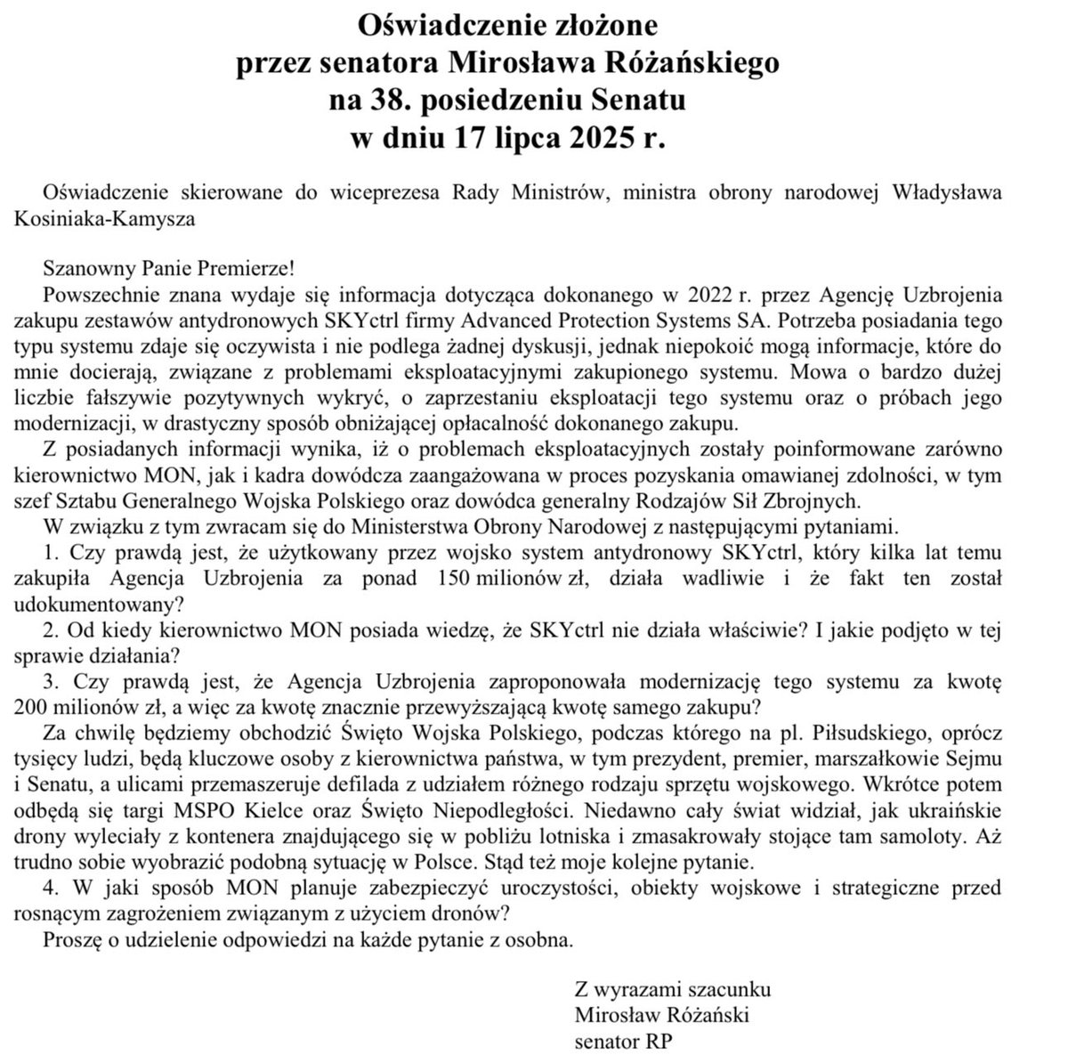 Michał Cichy (@michalcichy) on Twitter photo Ponad miesiąc temu Przewodniczący Senackiej Komisji Obrony gen. <a href="/MirekRozanski/">Mirosław Różański</a> wskazywał na zagrożenia przed dronami, pytając <a href="/KosiniakKamysz/">Władysław Kosiniak-Kamysz</a> co przez dwa lata zrobił w tym zakresie. No Szef MON nie zrobił nic i jeśli ktoś zginie, będzie to również jego odpowiedzialność. Ponad miesiąc temu Przewodniczący Senackiej Komisji Obrony gen. <a href="/MirekRozanski/">Mirosław Różański</a> wskazywał na zagrożenia przed dronami, pytając <a href="/KosiniakKamysz/">Władysław Kosiniak-Kamysz</a> co przez dwa lata zrobił w tym zakresie. No Szef MON nie zrobił nic i jeśli ktoś zginie, będzie to również jego odpowiedzialność.