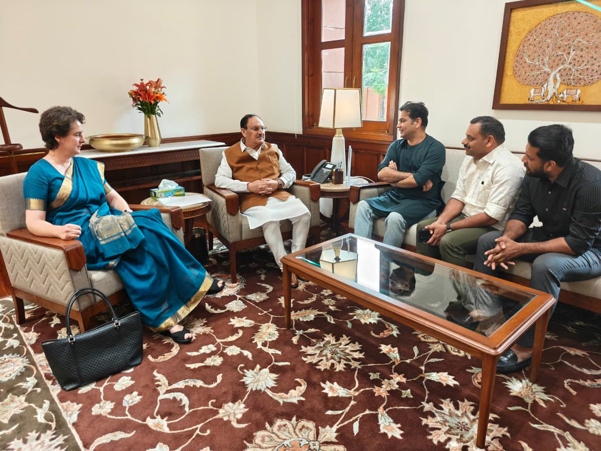 Priyanka Gandhi Vadra (@priyankagandhi) on Twitter photo Met Shri. <a href="/JPNadda/">Jagat Prakash Nadda</a> to request him to expedite some health projects in Wayanad and to apprise him of the severe difficulties being faced by the local population in the absence of the Medical College in Mananthavadi which is yet far from functional.
We also discussed the need for Met Shri. <a href="/JPNadda/">Jagat Prakash Nadda</a> to request him to expedite some health projects in Wayanad and to apprise him of the severe difficulties being faced by the local population in the absence of the Medical College in Mananthavadi which is yet far from functional.
We also discussed the need for