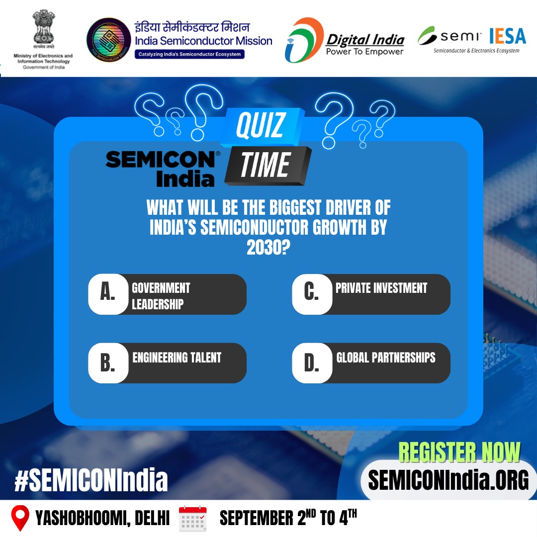 iesaonline's tweet image. What will be the biggest driver of India’s #Semiconductor Growth by 2030? 
@GoI_MeitY @SemiconIndia 
#SEMICONIndia2025 #TechForIndia #TechForGood  #DigitalIndia #MakeInIndia