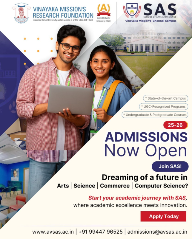 monash780356's tweet image. Admissions Open 2025 @ SAS Chennai!
From Arts to Science, Commerce to Management, we turn your passion into a profession. 
 Apply Now: avsas.ac.in
#Admissions2025 #SASChennai #ArtsAndScience
#SAS