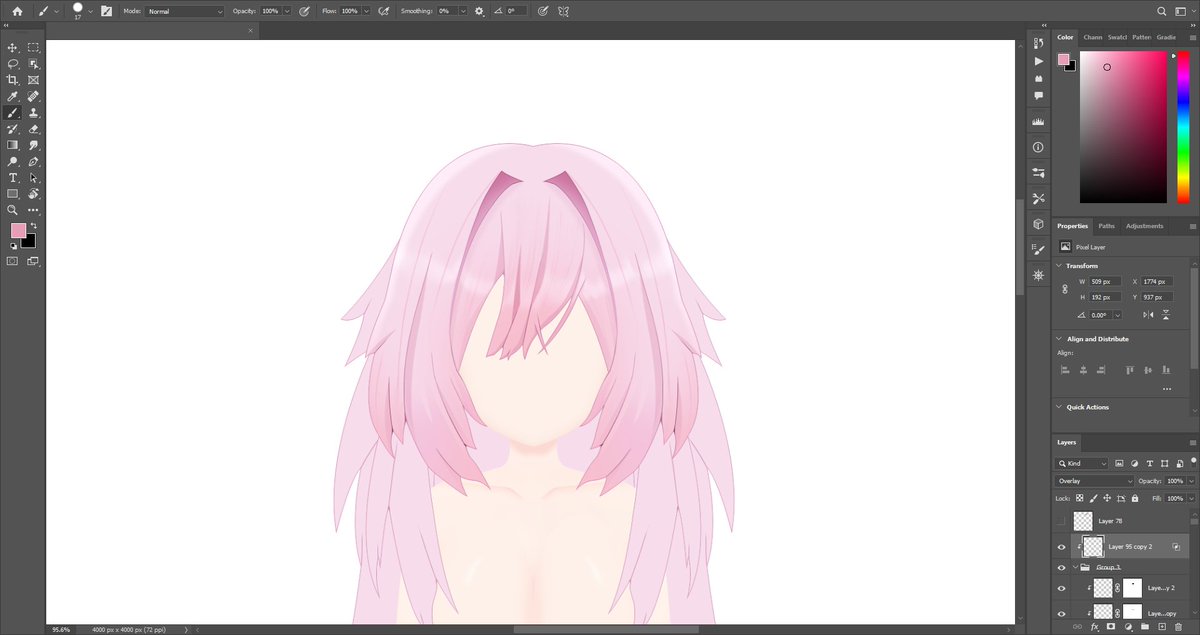 The front hair:
Sketch                                            Render