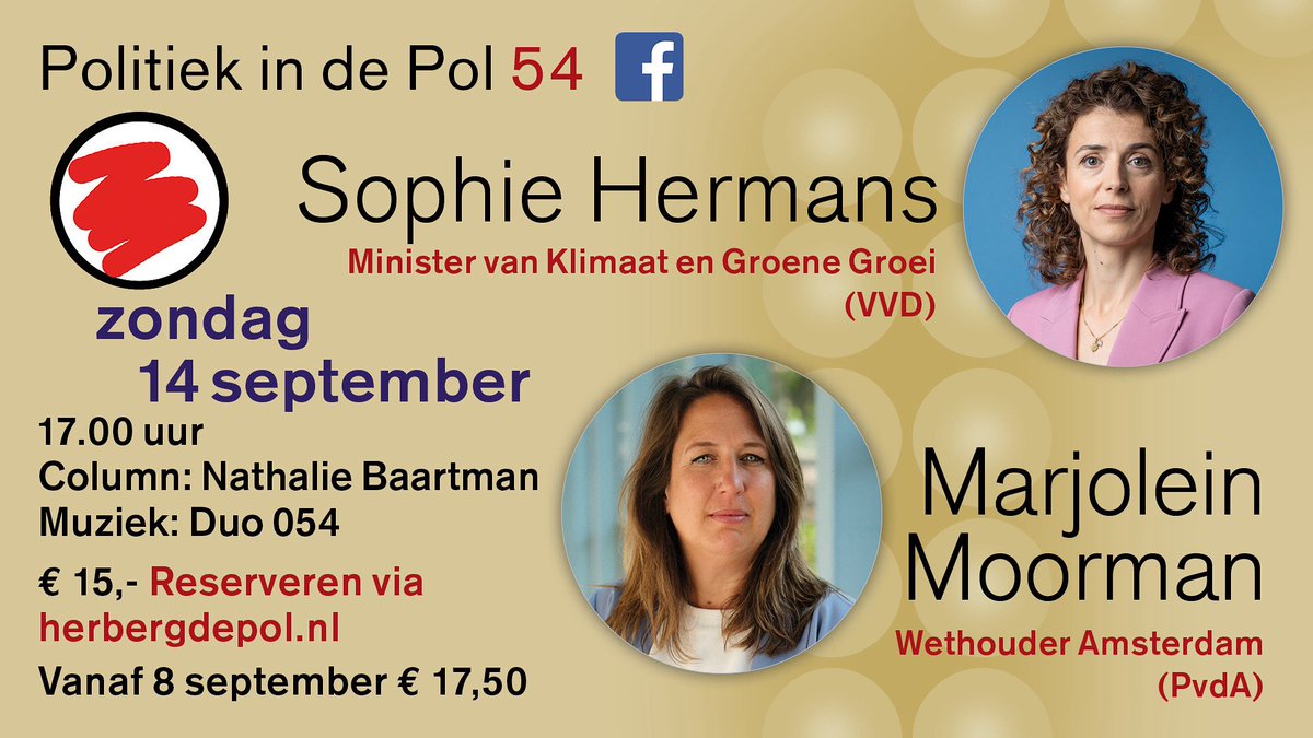 Het nieuwe seizoen van <a href="/PolitiekindeP/">Politiek in de Pol</a> gaat van start! 

Met op 14 september te gast: VVD-minister <a href="/hermans_sophie/">Sophie Hermans</a> en PvdA-wethouder <a href="/MarjoleinMoor/">Marjolein Moorman</a> 

Kaarten en info: herbergdepol.nl/evenement/poli…