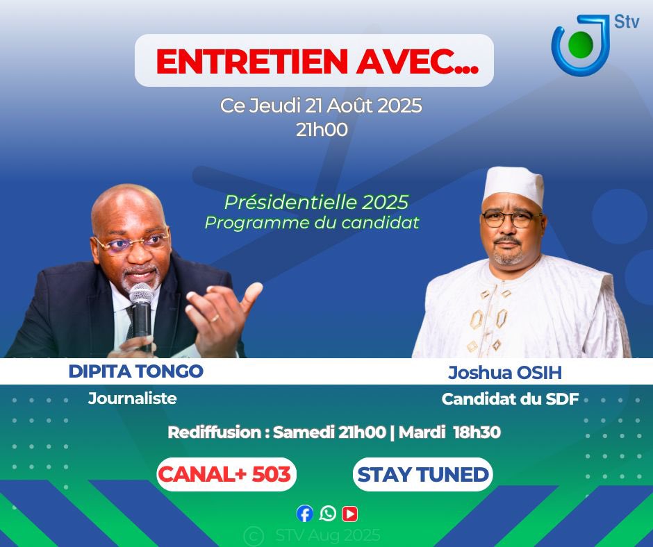 Ce soir à 21h00, je serai en entretien exclusif avec DIPITA TONGO sur STV. Je partagerai mon programme présidentiel et ma vision pour le Cameroun. Ne manquez pas ce rendez-vous.

——

Tonight at 9:00 PM, I will be in an exclusive interview with DIPITA TONGO on STV. I will share my