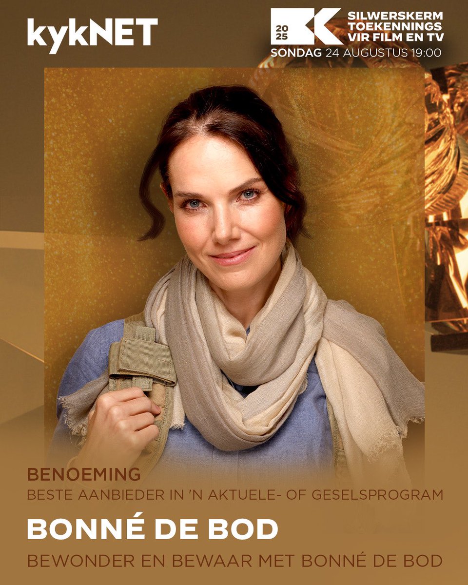 Bonne_de_Bod's tweet image. Baie dankie kykNET vir hierdie nominasie, wat ‘n eer en voorreg. 
En ‘n groot dankie aan almal vir die saamkyk van ‘Bewonder &amp;amp; Bewaar’  🐾. 
Ek is tans besig met verfilming so kan ongelukkig nie die gala geleentheid bywoon nie. Sterkte aan al die genomineerdes! 
#ssf25