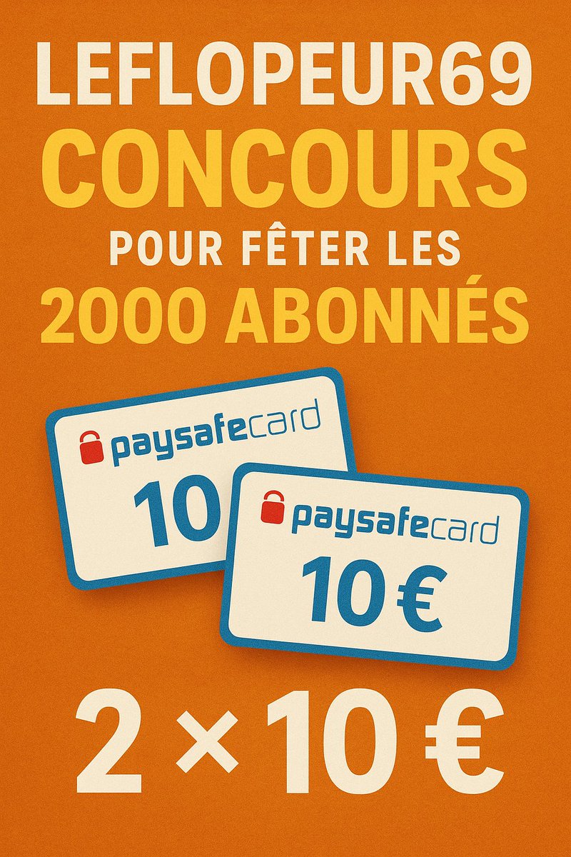 LeFlopeur69 (@leflopeur69) on Twitter photo 🎁 Concours 2000 abonnés
💸 2 × 10€ de paysafecard a win
Pour vous remercier pour la confiance et le soutien 🫶
➡️ 🫂 FOLLOW <a href="/LeFlopeur69/">LeFlopeur69</a>
➡️ ❤️ LIKE + ♻️ RT
➡️ Le gagnant sera tirés au sort ce jeudi 28 août a 21h
#TeamParieurs #Concours 🎁 Concours 2000 abonnés
💸 2 × 10€ de paysafecard a win
Pour vous remercier pour la confiance et le soutien 🫶
➡️ 🫂 FOLLOW <a href="/LeFlopeur69/">LeFlopeur69</a>
➡️ ❤️ LIKE + ♻️ RT
➡️ Le gagnant sera tirés au sort ce jeudi 28 août a 21h
#TeamParieurs #Concours
