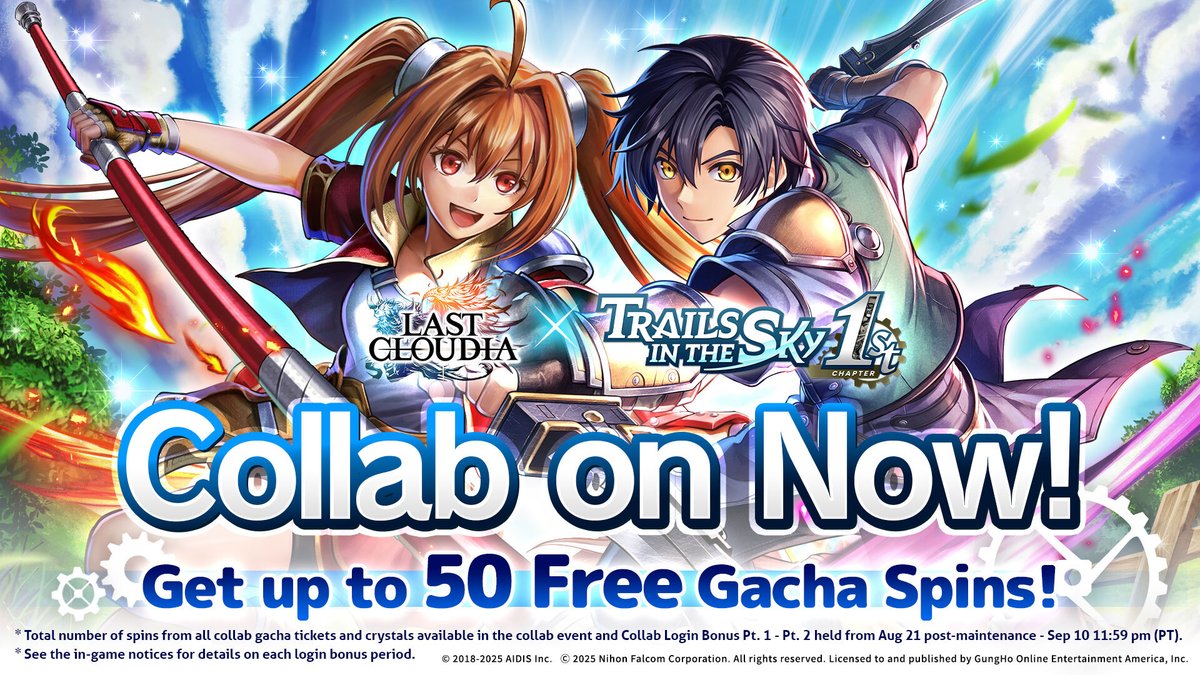 lastcloudiaen's tweet image. ✨Collab Event on NOW!✨

This collab will be featuring a pair of new units and a pair of new arks from Trails in the Sky 1st Chapter !👀 

Period: Aug 21, post-maintenance - Sep 10, 11:59 pm (PT)

#LastCloudia x #TrailsintheSky1st #Crossover #Falcom