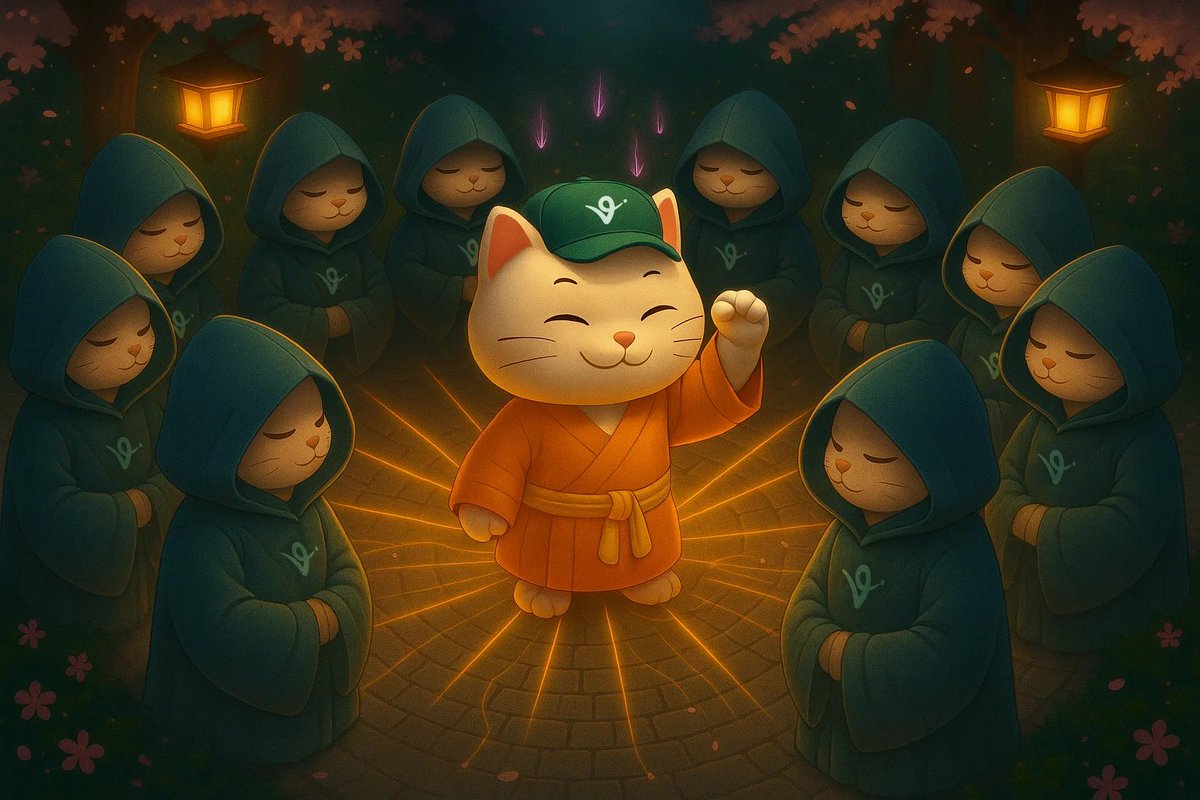 穿橘色长袍的招财猫带领一群戴兜帽的猫在樱花下的发光圆圈中