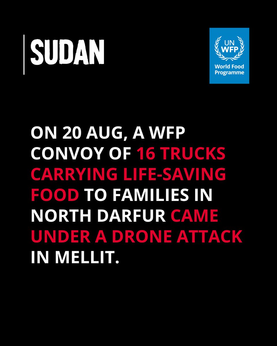 Three trucks were destroyed. All drivers are safe.

This is unacceptable. Humanitarian staff &amp; assets must never be a target. Unimpeded access to reach the most vulnerable families in Darfur and all famine-stricken areas is critical.