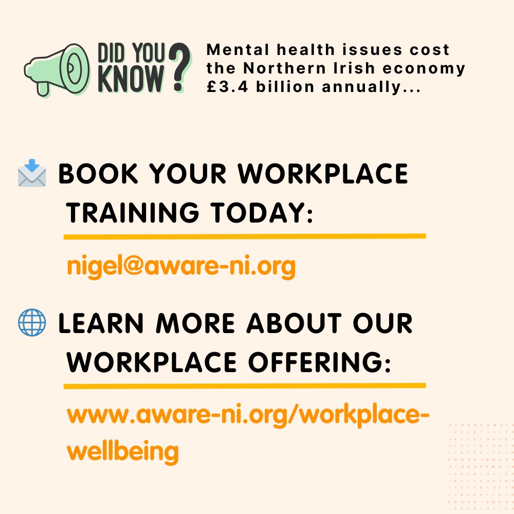🌟 A healthier workplace is a more productive workplace.
 
At AWARE NI, we deliver wellbeing programmes to support employees and managers, and create mental health champions. Our training builds resilient teams and stronger businesses.

 #WorkplaceWellbeing #MentalHealthAtWork