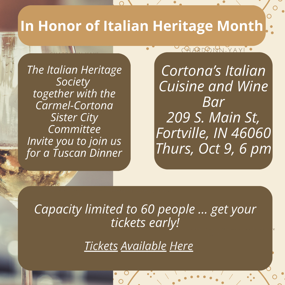IHSIndiana's tweet image. Grab your tickets for this fantastic event. Private, chef curated, Italian dinner and two glasses of wine. October 9 at 6 PM at Cortona’s Italian cuisine and wine bar in Fortville. $85 per person.

italianheritage.org/product/tuscan…