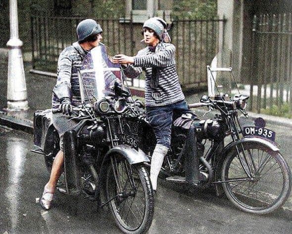 Ladies on motorbikes in the 1930s.