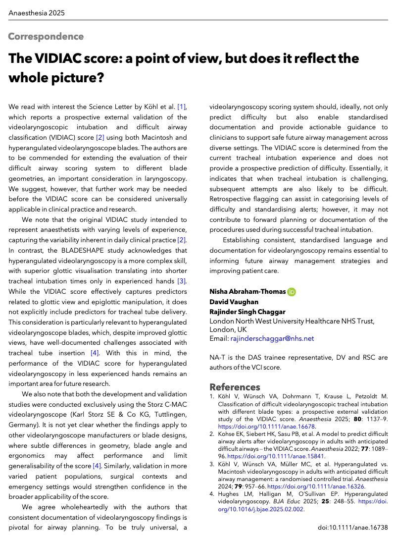 Anaes_Journal's tweet image. Some more commentary on the VIDIAC score..

• it does not explicitly include predictors for tracheal tube delivery 
• do the findings apply to VLs other than the Storz CMAC?
• it does not provide a prospective prediction of difficulty 

#anaesthesia  #airway #MedTwitter