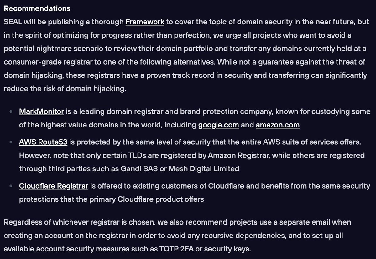 Damian Rusinek (@drdr_zz) on Twitter photo In the face of numerous domain hijacking attacks, SEAL (<a href="/_SEAL_Org/">Security Alliance</a>) has prepared preliminary recommendations and is working on a framework.
Worth checking out! In the face of numerous domain hijacking attacks, SEAL (<a href="/_SEAL_Org/">Security Alliance</a>) has prepared preliminary recommendations and is working on a framework.
Worth checking out!