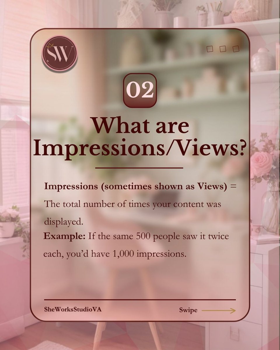 sheworksstudio's tweet photo. 𝗥𝗲𝗮𝗰𝗵 𝘃𝘀. 𝗜𝗺𝗽𝗿𝗲𝘀𝘀𝗶𝗼𝗻𝘀/𝗩𝗶𝗲𝘄𝘀
✓ 𝗥𝗲𝗮𝗰𝗵 = unique people who saw your content
✓ 𝗜𝗺𝗽𝗿𝗲𝘀𝘀𝗶𝗼𝗻𝘀/𝗩𝗶𝗲𝘄𝘀 = total times your content was viewed (including repeats)

Reach = people. 
Impressions/Views = eyeballs. https://t.co/3K3MwTt2u8