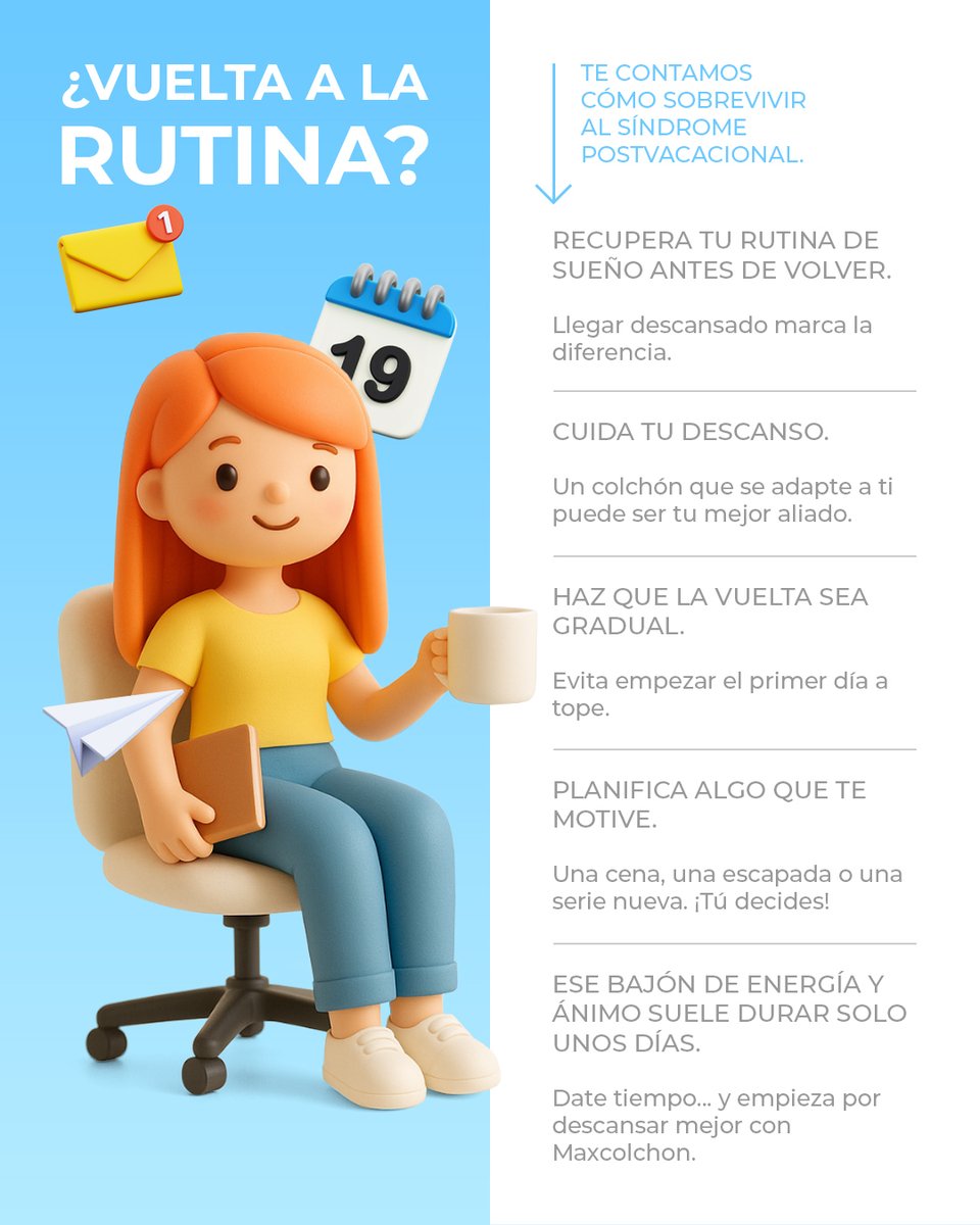 El síndrome postvacacional es real, pero se supera 💪
Anticípate, vuelve a dormir bien 😴, hazlo poco a poco, busca planes que te ilusionen.
Y recuerda: tu descanso empieza en un colchón que te entienda 🛏️

#vueltaalarutina #sindromepostvacacional #septiembre