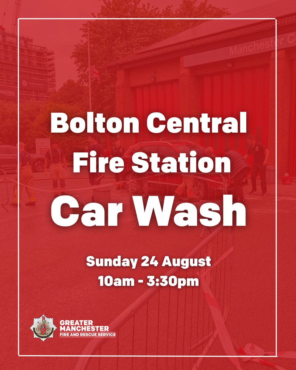 Join us this Sunday at Bolton Central Fire Station for a car wash 🚒🧼

We'd love for you to swing by, get your car clean, and support a great cause! All donations go to the Fire Fighters Charity.

We can't wait to see you there! 🌞