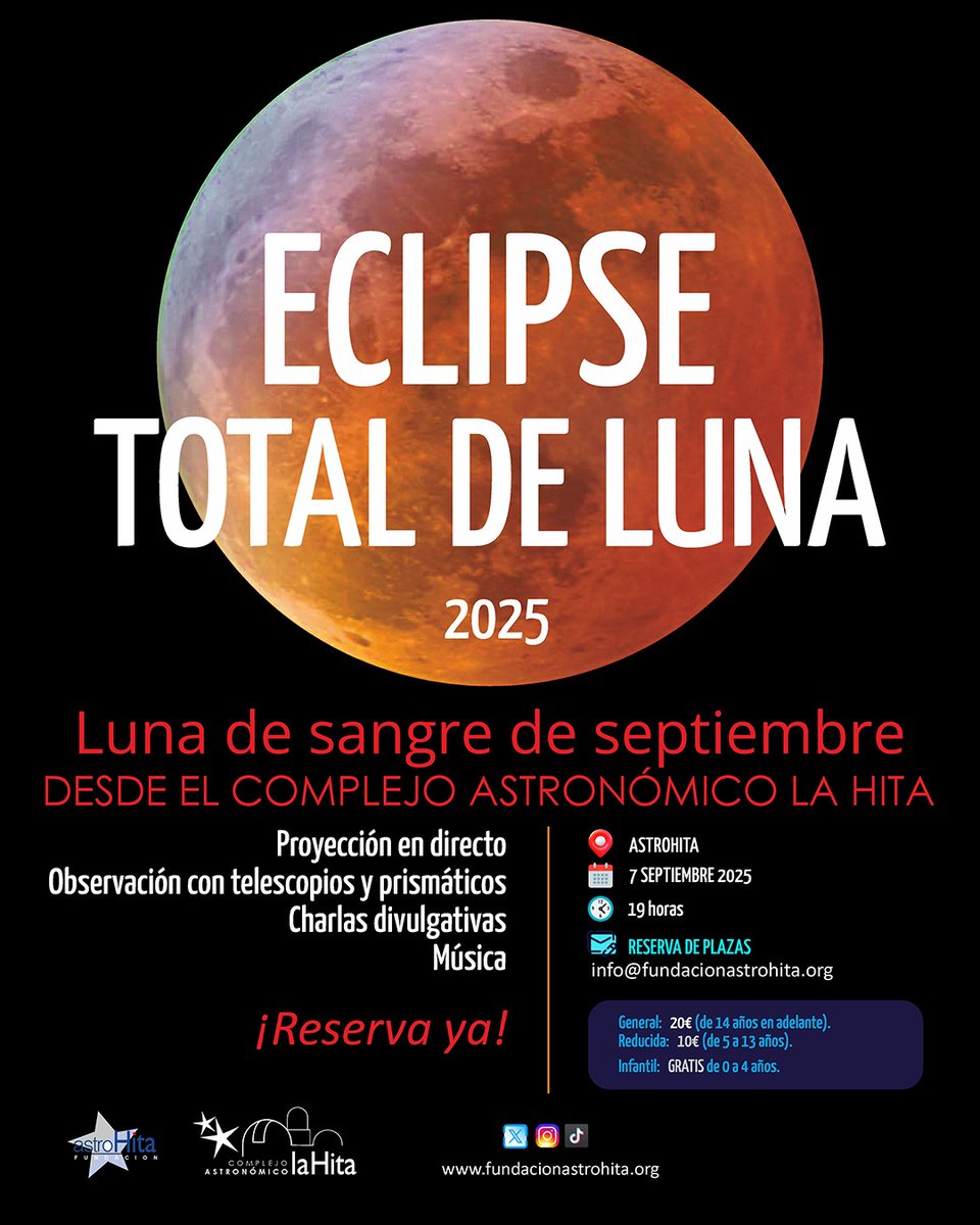 El próximo 7 de septiembre tenemos: 

✨Eclipse Total de Luna✨

Un evento único en el que la ciencia, la música y la magia del cielo se unen para regalarte una noche inolvidable.  
🕐19:00h
📩Reserva tu plaza: info@fundacionastrohita.org

📍La Mancha: un balcón a las estrellas