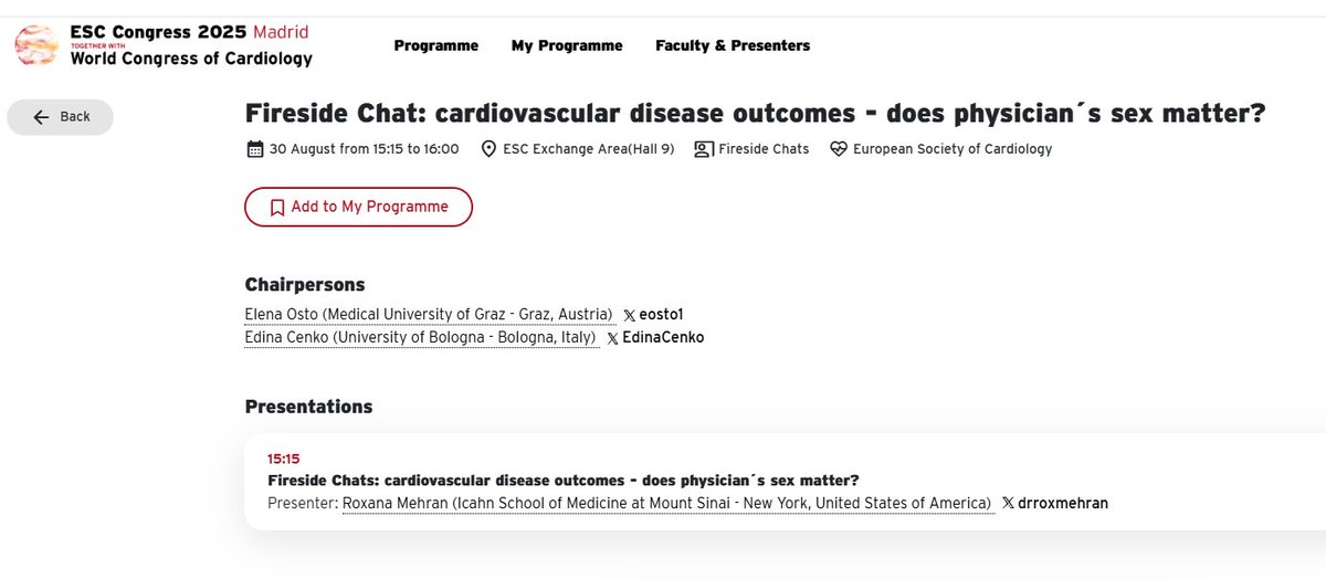 Edina Cenko (@edinacenko) on Twitter photo 🔥 Don’t miss our Fireside Chat with Dr. Roxana Mehran <a href="/Drroxmehran/">Dr Roxana Mehran</a> at #ESCCongress 2025!
🗓️ Aug 30 | 15:15–16:00
📍 Exchange Hall 9
tinyurl.com/488ddnrb
Let’s talk equity & #women in cardiology!
<a href="/escardio/">European Society of Cardiology</a> <a href="/EdinaCenko/">Edina Cenko</a> <a href="/eosto1/">eosto</a> <a href="/ESCWGAVBChair/">ESC WG on Atherosclerosis & Vascular Biology Chair</a>
<a href="/WGCPMChair/">ESC WG on CPM Chairperson</a> <a href="/WomenAs1/">Women As One</a> 🔥 Don’t miss our Fireside Chat with Dr. Roxana Mehran <a href="/Drroxmehran/">Dr Roxana Mehran</a> at #ESCCongress 2025!
🗓️ Aug 30 | 15:15–16:00
📍 Exchange Hall 9
tinyurl.com/488ddnrb
Let’s talk equity & #women in cardiology!
<a href="/escardio/">European Society of Cardiology</a> <a href="/EdinaCenko/">Edina Cenko</a> <a href="/eosto1/">eosto</a> <a href="/ESCWGAVBChair/">ESC WG on Atherosclerosis & Vascular Biology Chair</a>
<a href="/WGCPMChair/">ESC WG on CPM Chairperson</a> <a href="/WomenAs1/">Women As One</a>