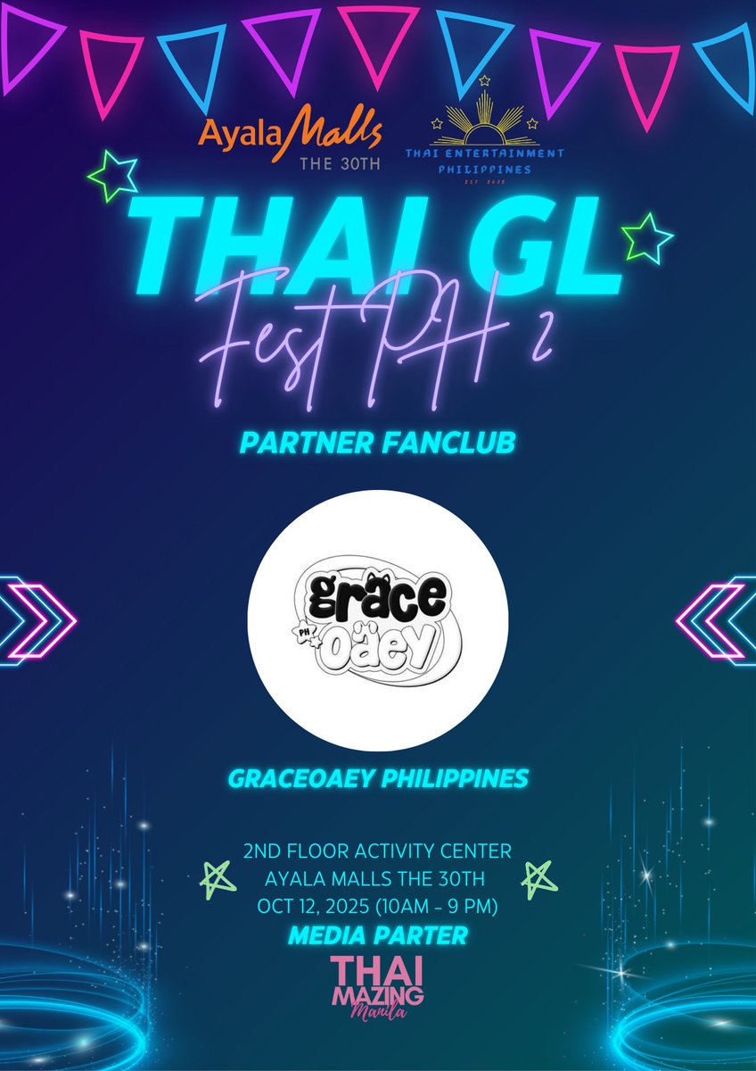 TEPHL's tweet photo. ✨ Man dee tee sut dai tao nee, tee sut lew kong kwam sam phan.
In this moment, the truest connection shines.

Thai Entertainment Philippines is thrilled to announce that @GraceOaeyPH is officially part of Thai GL Fest PH 2 — ready to bring you the sparkle, the warmth, and that neon-lit love only Grace & Oaey can share. 🌈💫
🗓 October 12, 2025
📍 2nd Floor Activity Center, Ayala Malls The 30th
📣 Official Media Partner: @ThaimazingMNL
📝 Register here: https://t.co/RlXlLdVQF9

#ThaiGLFestPH2 #LightUpLikeNeonLights