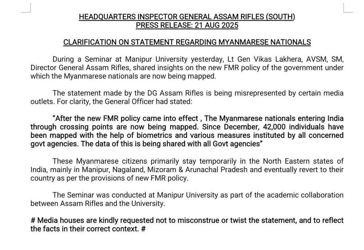 CLARIFICATION ON STATEMENT REGARDING MYANMARESE NATIONALS BY ASSAM RIFLES <a href="/official_dgar/">The Assam Rifles</a> 
It is the media house and the meiteis who misinterpret intentionally to target a specific community.
<a href="/IndiaTodayNE/">India Today NE</a> <a href="/thewire_in/">The Wire</a> <a href="/htTweets/">Hindustan Times</a> <a href="/the_hindu/">The Hindu</a>