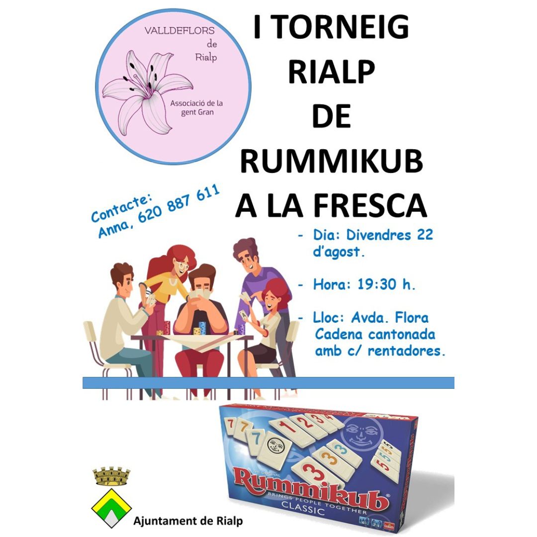 🎲 Torneig de Rummikub a #Rialp!
Divendres 22 d'agost a les 19:30h.
A l'avinguda Flora Cadena (c/c Rentadores).

Organitza: Associació Valldeflors.
Info: Anna (620 887 611)

Vine a jugar a la fresca! 😎

#JocsdeTaula #Estiu #PallarsSobirà