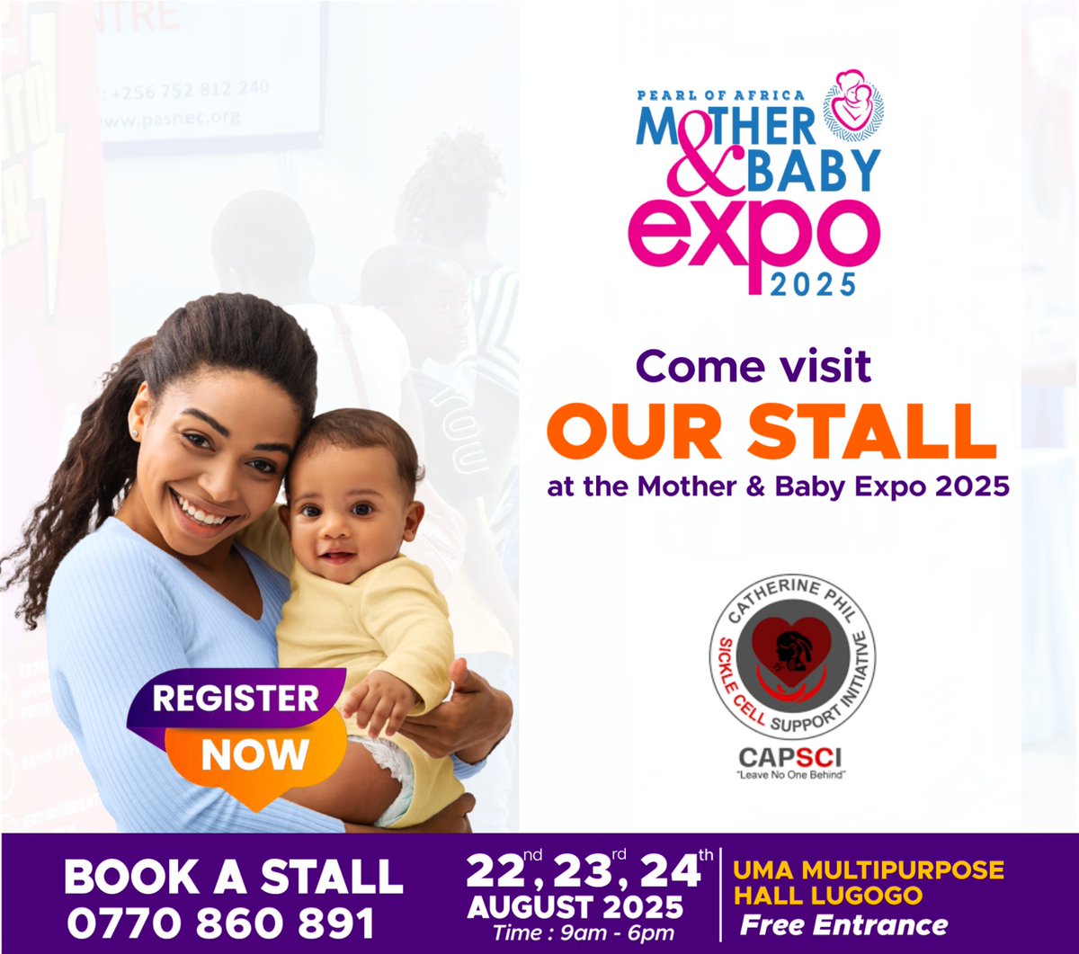 Catherine Phil Sickle Cell Support Initiative (@ugandasickle) on Twitter photo Happening Tomorrow
MOTHER BABY EXPO.
Come visit our Stall at the Mother and Baby Expo 2025 happening at UMA multi Purpose Hall, Lugogo on from 22nd to 24 August, 2025.
<a href="/MinofHealthUG/">Ministry of Health- Uganda</a> <a href="/OfSicklers/">Friends Sickle cell Foundation Uganda</a> <a href="/SabrinaKitaka/">Sabrina Kitaka</a> <a href="/AAkiteng/">Ann Akiteng</a> <a href="/SickleInAfrica/">SickleInAfrica</a> <a href="/DianaAtwine/">Dr. Diana Atwine</a> <a href="/TexasChildrens/">Texas Children's</a> <a href="/UAPUganda/">UAP Uganda</a> Happening Tomorrow
MOTHER BABY EXPO.
Come visit our Stall at the Mother and Baby Expo 2025 happening at UMA multi Purpose Hall, Lugogo on from 22nd to 24 August, 2025.
<a href="/MinofHealthUG/">Ministry of Health- Uganda</a> <a href="/OfSicklers/">Friends Sickle cell Foundation Uganda</a> <a href="/SabrinaKitaka/">Sabrina Kitaka</a> <a href="/AAkiteng/">Ann Akiteng</a> <a href="/SickleInAfrica/">SickleInAfrica</a> <a href="/DianaAtwine/">Dr. Diana Atwine</a> <a href="/TexasChildrens/">Texas Children's</a> <a href="/UAPUganda/">UAP Uganda</a>